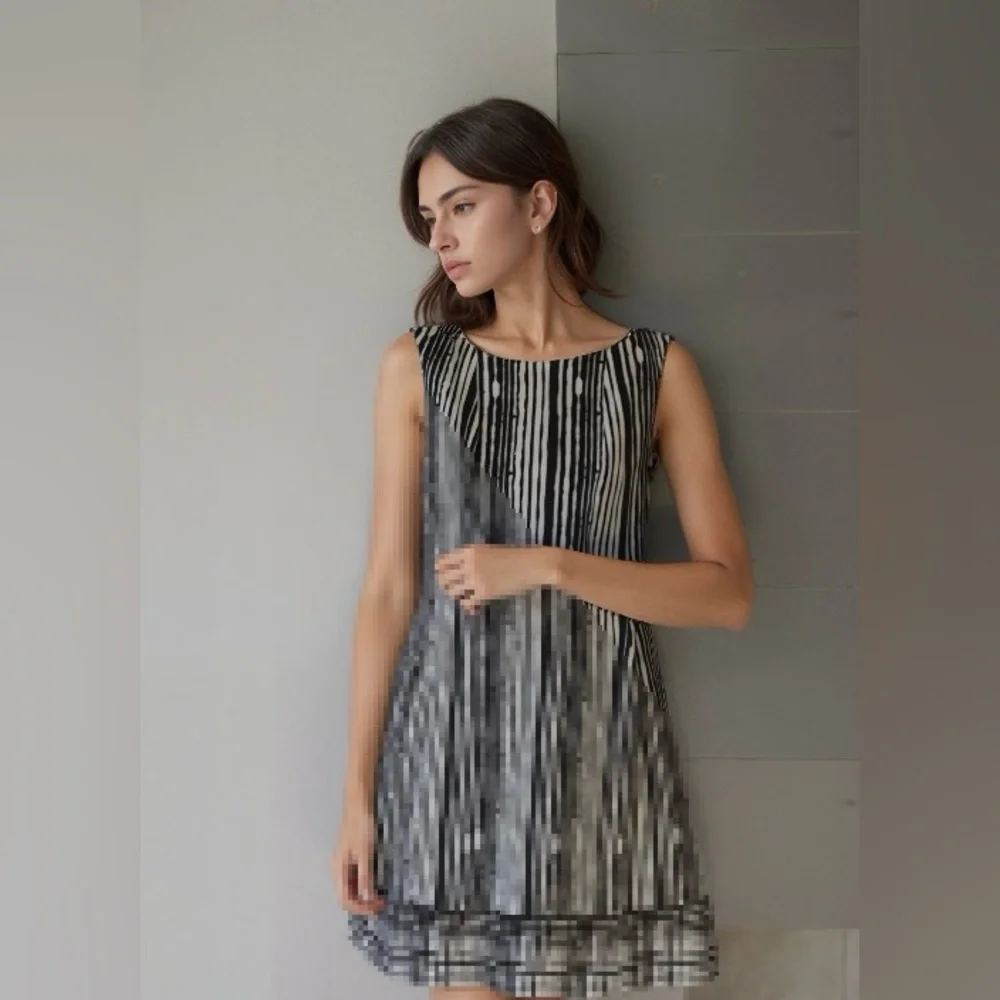 JOSEPH RIBKOFF Abstract Sleeveless Top Style Black White Striped Dress Size 10